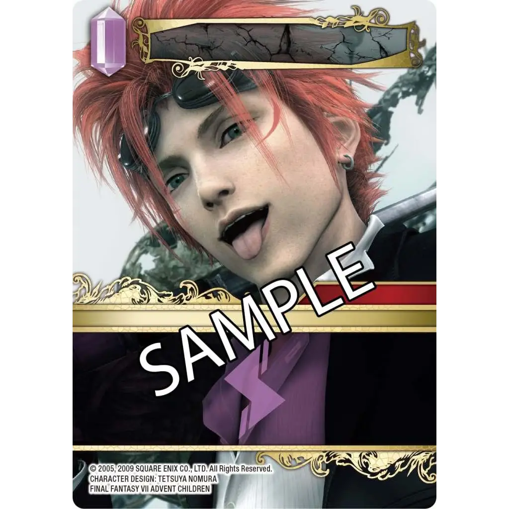 Lila och svart karaktärskort med ung man med spretigt rött hår och utsmyckad guldkrage i Final Fantasy Trading Card Game Boss Deck FF VII