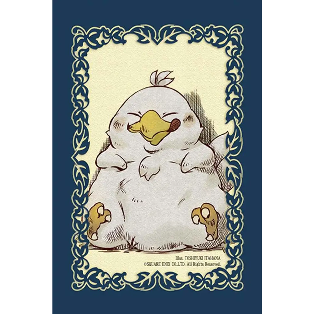 Fluffig vit tecknad varelse med gul näbb och bruna fötter i blå ram, Fat Chocobo-sleeves för Final Fantasy TCG