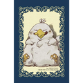 Fluffig vit tecknad varelse med gul näbb och bruna fötter i blå ram, Fat Chocobo-sleeves för Final Fantasy TCG
