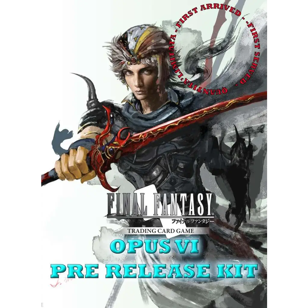 Detaljerad illustration av krigare i mörk rustning med utsmyckat rött och guldsvärd i Final Fantasy TCG Opus VI