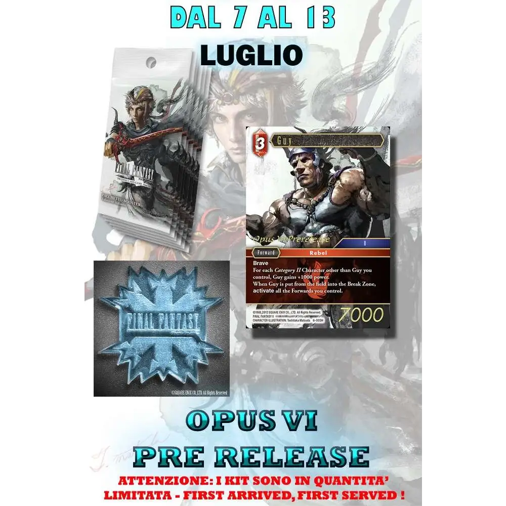 Blå metallisk Final Fantasy Opus VI-kort med Guy, 7000 kraft och rebellstatus i Pre Release Kit