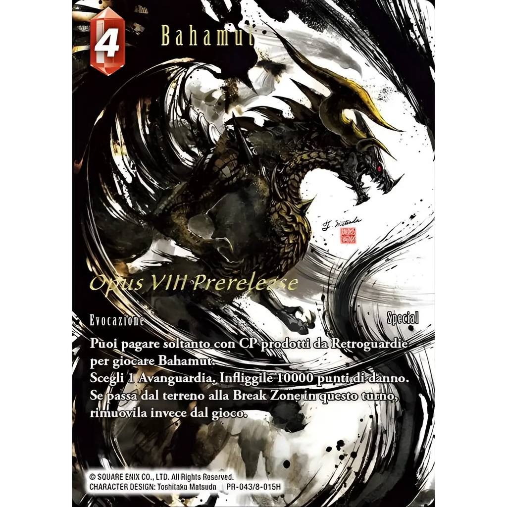 Svart och guld Bahamut drake-kort från Final Fantasy Opus VIII prerelease-kit