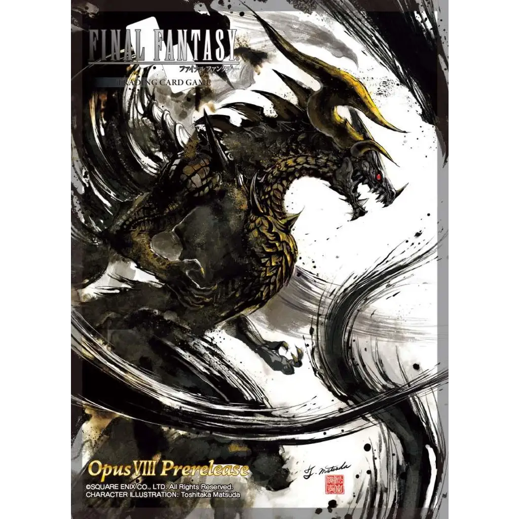 Dynamisk svart och guld drake med röda ögon i bläcktvättstil för Final Fantasy TCG Opus VIII