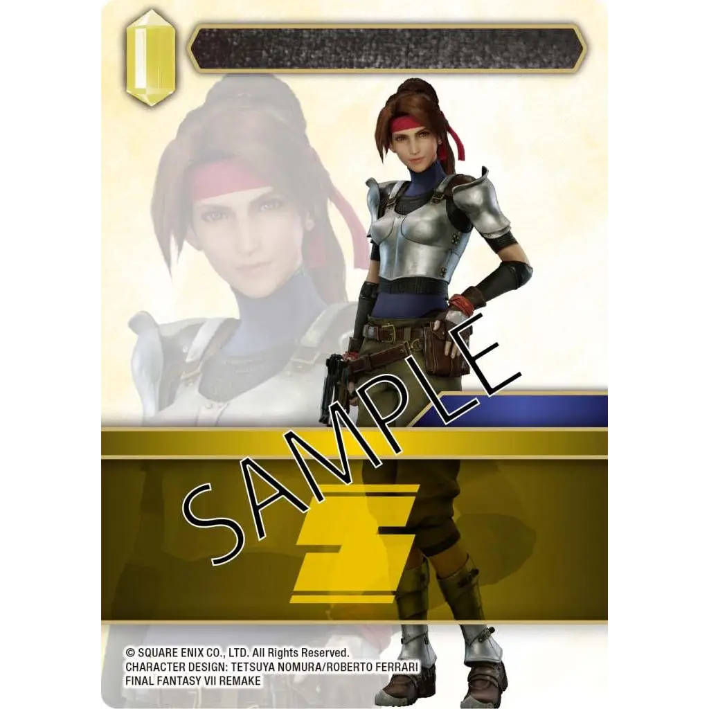 Silver rustning kvinnlig Final Fantasy TCG Vs. Avalanche & Shinra-deckkaraktär med röd pannband och brun hår i mörkblå underkläder och olivgröna byxor