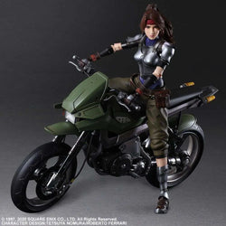 Detaljerad actionfigur av Jessie från Final Fantasy VII Remake på olivgrön motorcykel i silver och svart rustning