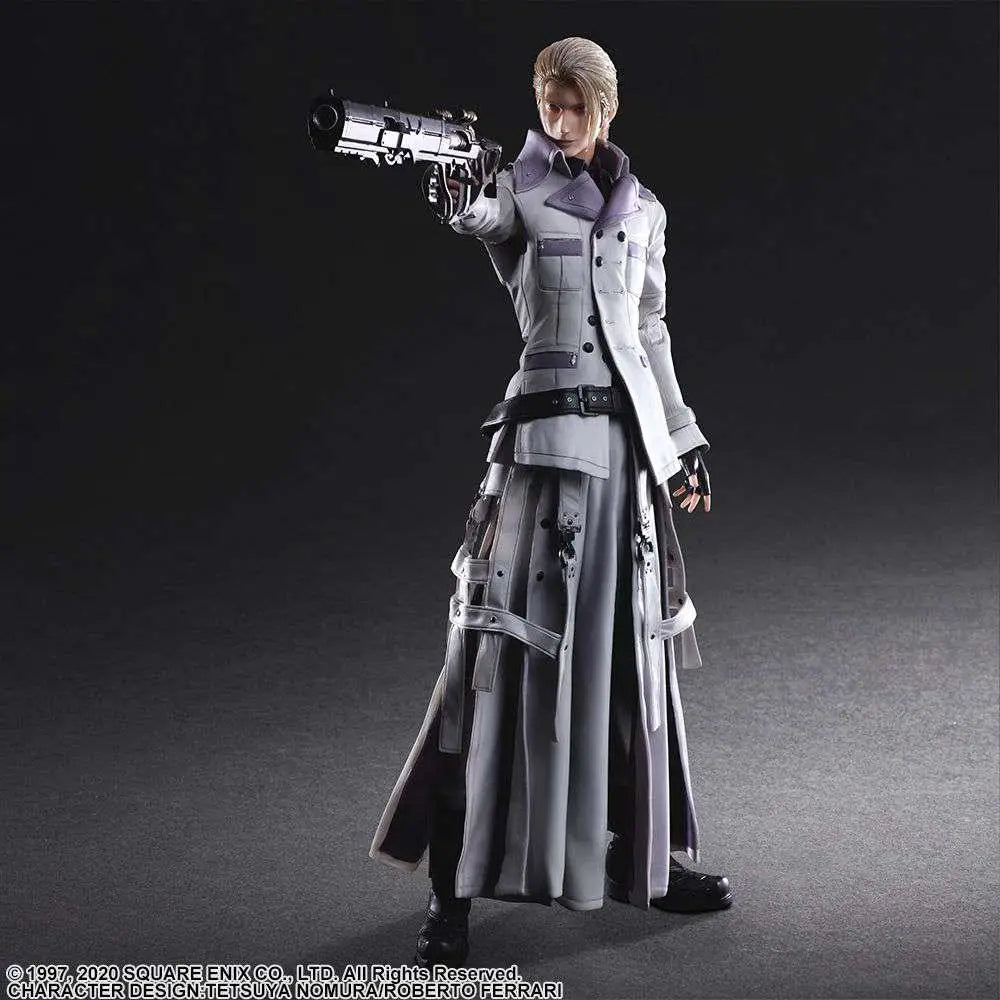 Grå och svart detaljerad Final Fantasy VII Remake Rufus Shinra Play Arts Kai-figur med mantel och pistol