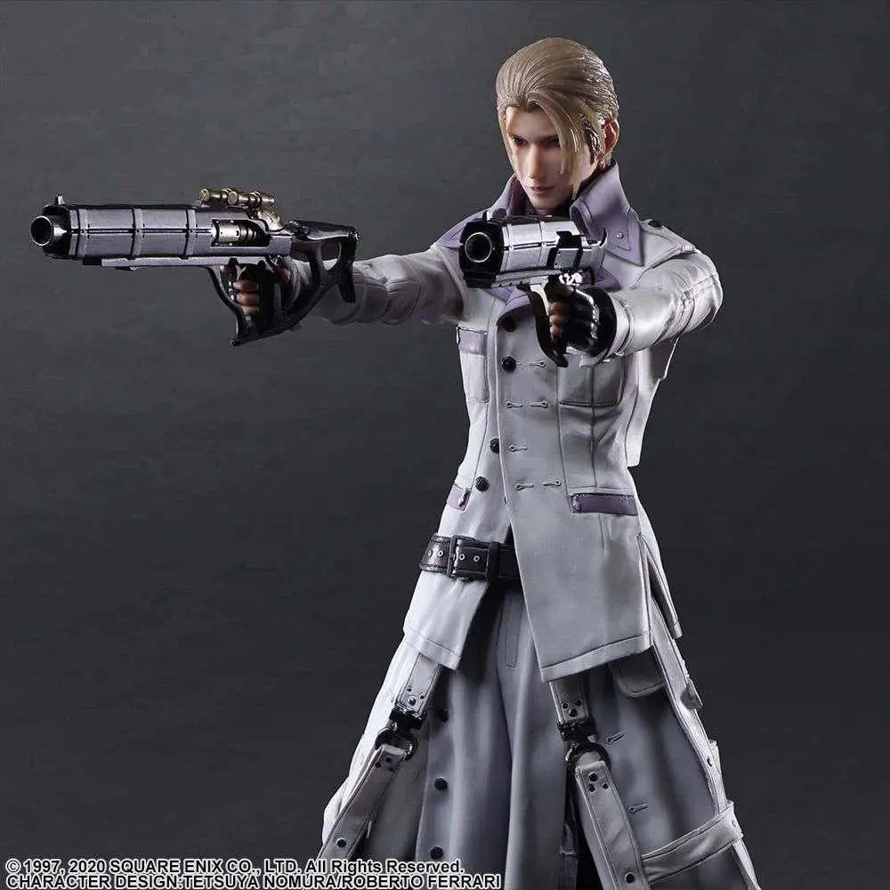 Detaljerad silvergrå Rufus Shinra-figur i trenchcoat med futuristiska pistoler, Final Fantasy VII Remake Play Arts Kai