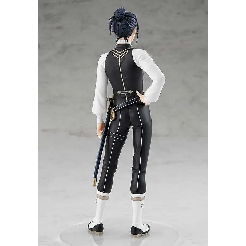 Fire Emblem Felix Hugo Fraldarius figur i svartvitt med mörkblått hår i knut, svart väst över vit skjorta, matchande byxor med silverkant och svärd vid sidan