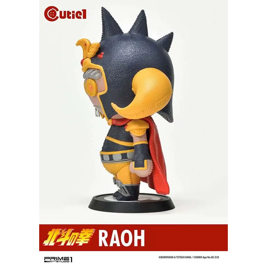 Svart och gul chibi-figur av Raoh från Baki av Cutie med röd mantel och detaljerad rustning
