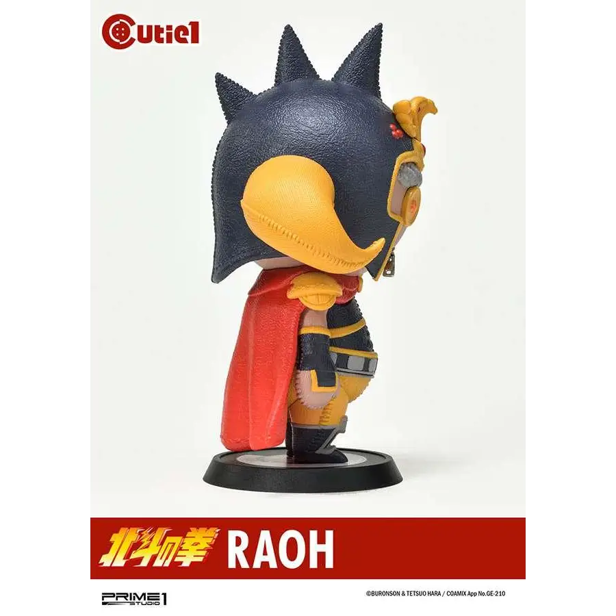 Svart och guld rustad Fist of the North Star Raoh-figur med röd mantel och spikig hjälm