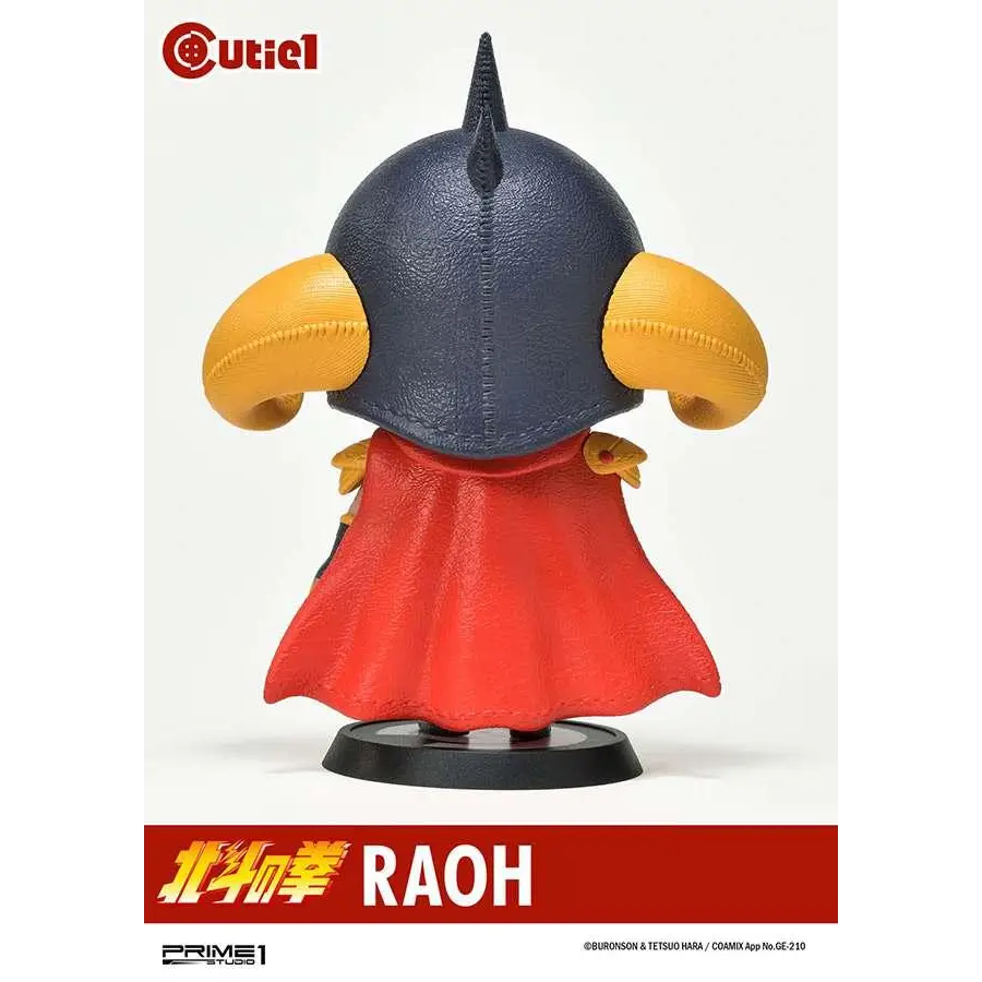 Detaljerad svart-gul Raoh-figur från Fist of the North Star, med hornprydad hjälm och röd mantel