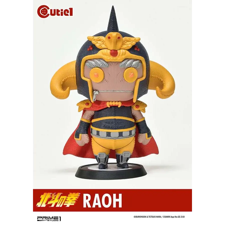Raoh chibi-figur från Fist of the North Star, i svart-gul rustning med röd mantel