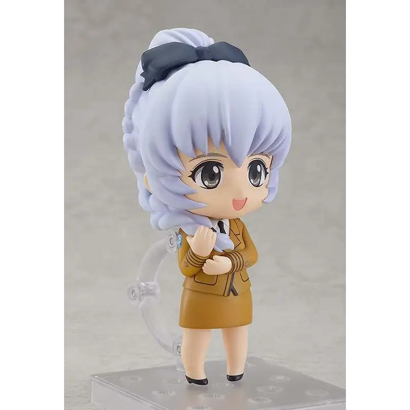 Chibi Nendoroid-figur av Teletha Testarossa med ljusblå flätat hår och svart rosett i beige skoluniform
