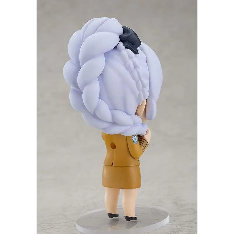 Chibi Nendoroid-figur av Teletha Testarossa med lila flätat hår och svart rosett i tan uniform