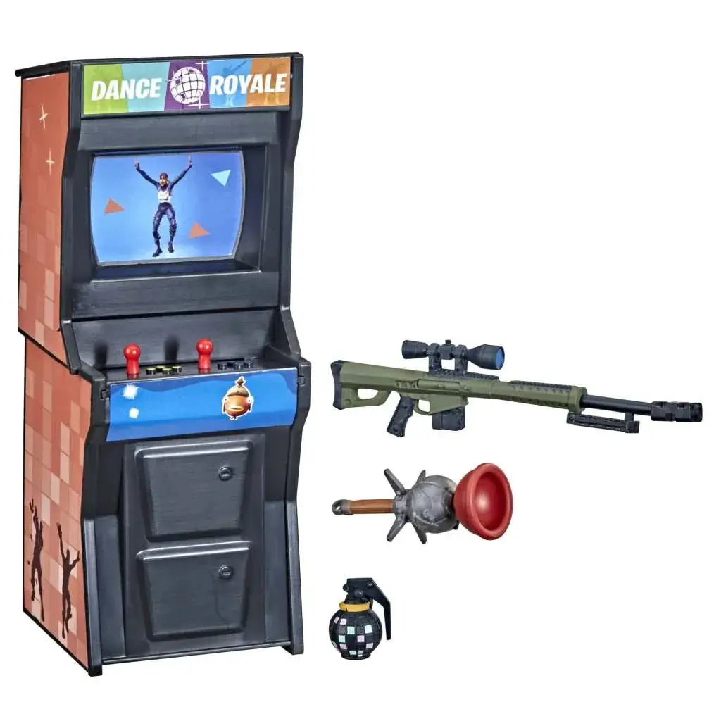 Svart orange Dance Royale arkadmaskin med blå skärm, röda joysticks och pixelgrafik