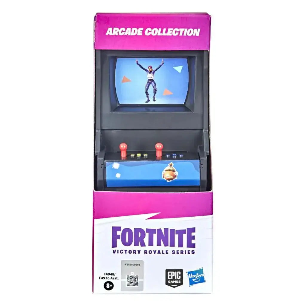 Fortnite Victory Royale mini arkadskåp med svart-blå kropp och röd joystick
