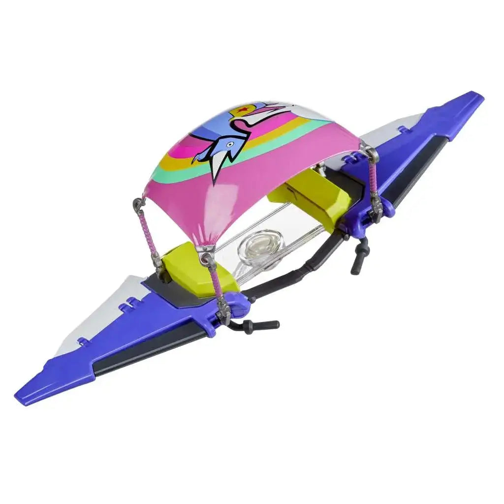 Färgrik Fortnite-glider Llamacorn Express med rosa regnbågstält och fågel, lila vingar