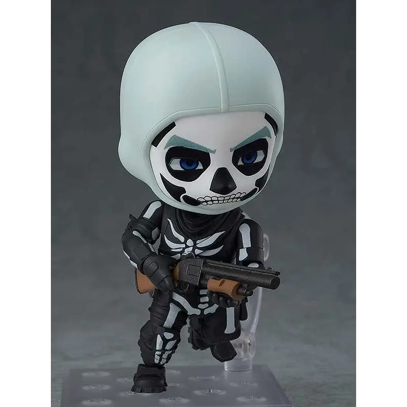 Chibi Fortnite Skull Trooper Nendoroid-figur med skelett i svart-vit taktisk utrustning, blå ögon, ljusgrå hjälm och hagelbössa
