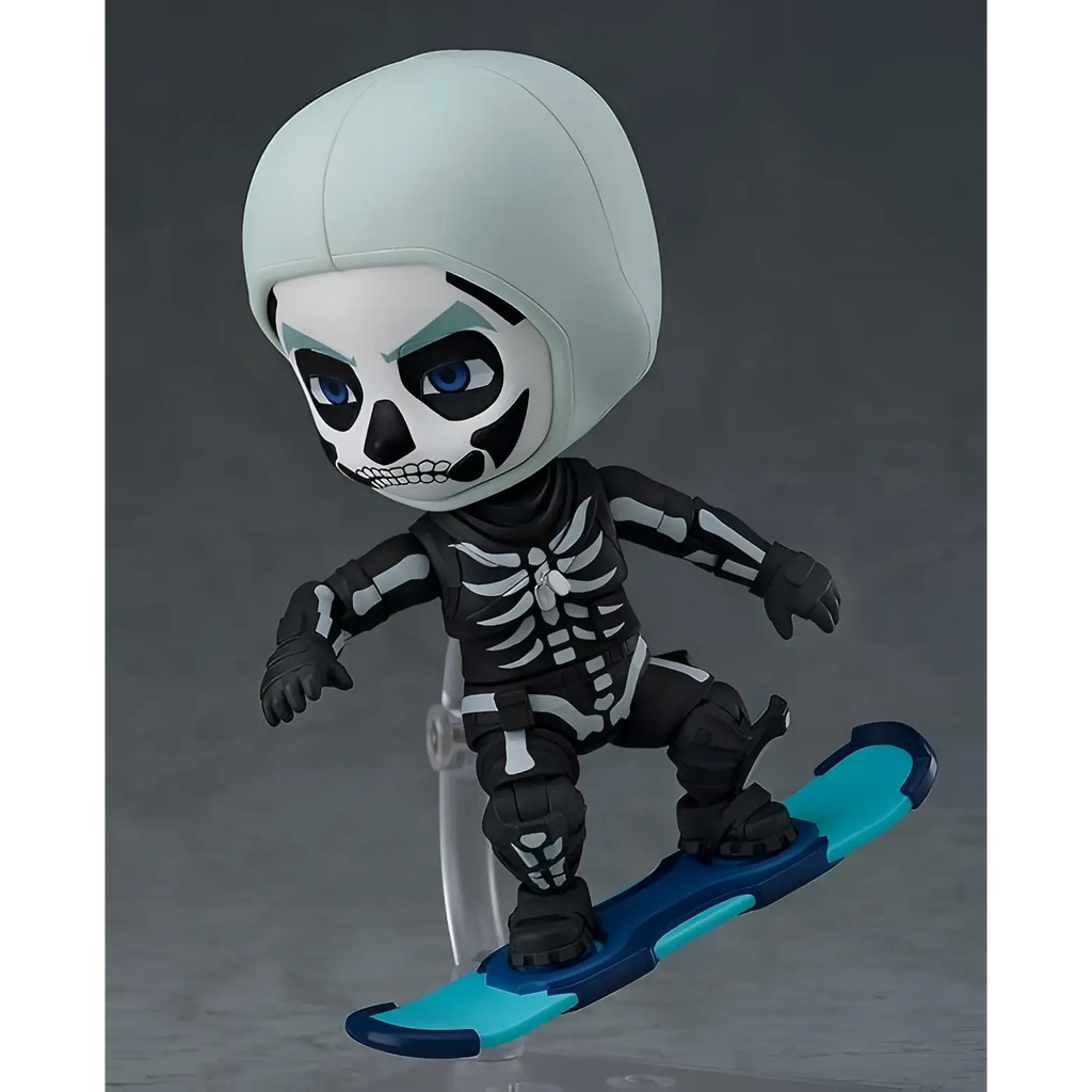 Chibi Skull Trooper Nendoroid-figur på snowboard i svartvitt med turkosa accenter