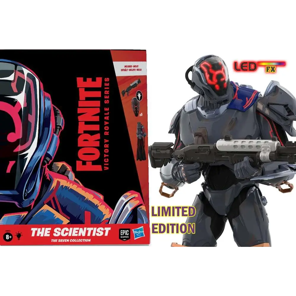 Fortnite The Scientist limited edition actionfigur i grå och blå rustning med röda LED-ögon, håller detaljerat vapen
