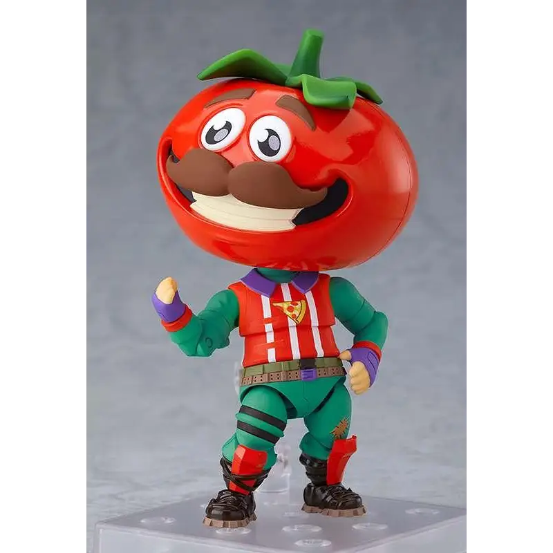 Fortnite Tomato Head Nendoroid: röd tomat med grön topp, brunt mustasch och glad min