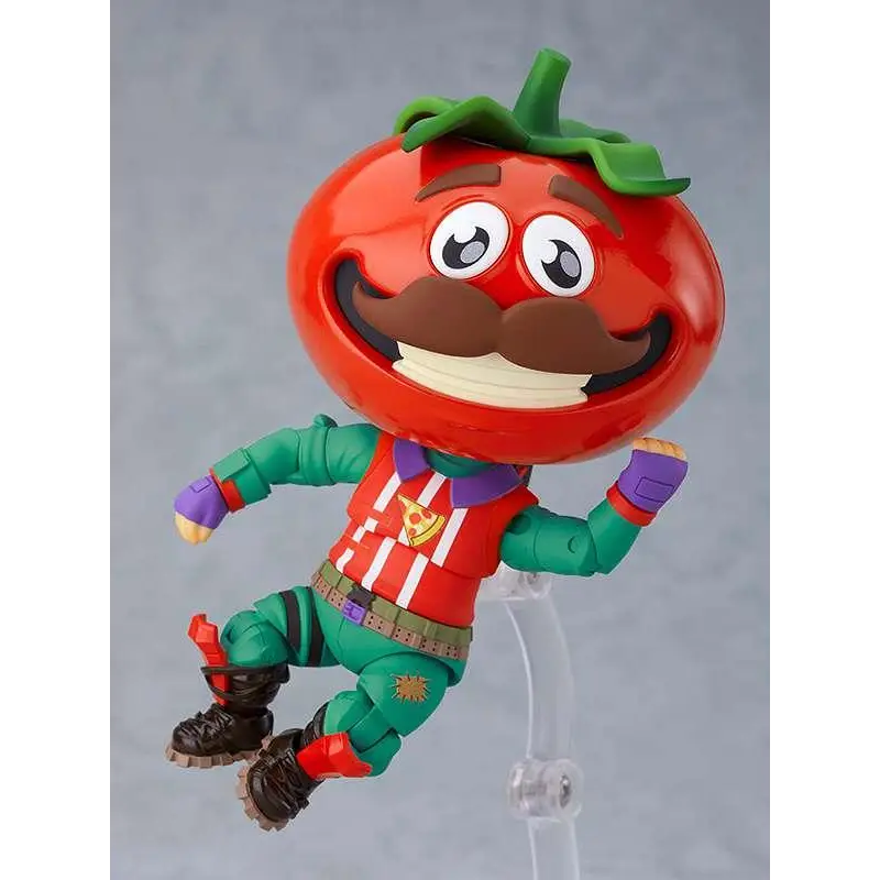 Fortnite Tomathead Nendoroid-figur med röd tomat-huvud, grön stjälk, brun mustasch, uttrycksfulla ögon, röd-vit randig väst och turk