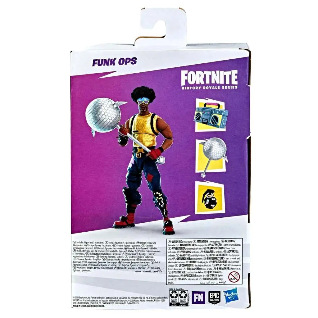 Fortnite VRS Funk Ops figur i gul-svart outfit med röda accenter, håller discokula