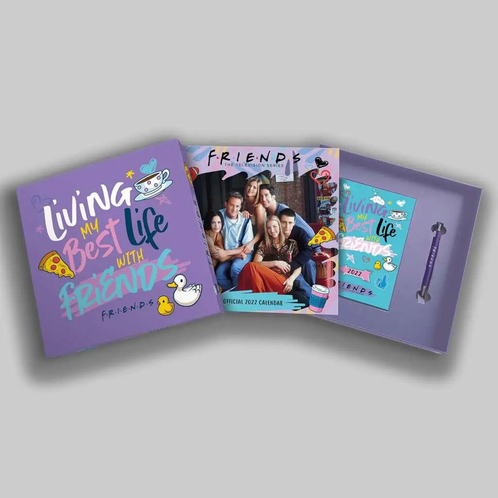 Lila Friends 2022-kalender med vänner och matillustrationer i presentbox