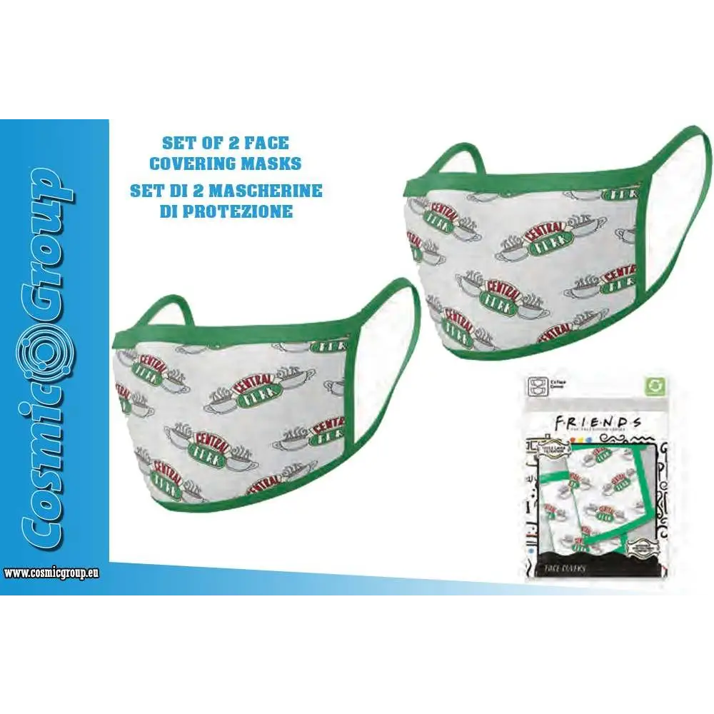 Vita ansiktsmasker med grön kant och Central Perk-mönster i Friends-påse, set om 2