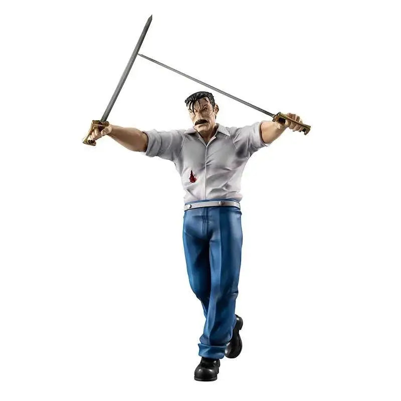 Fullmetal Alchemist Wrath G.E.M. statyett: gråblå man med mustasch i actionpose med två svärd