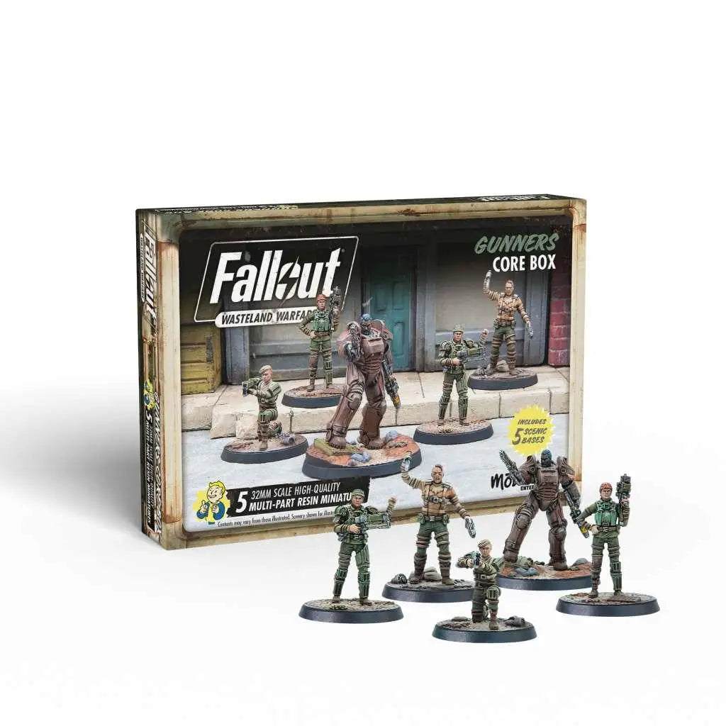 Fallout Wasteland Warfare Gunners Core Box med fem 28 mm resinfigurer i militärkläder
