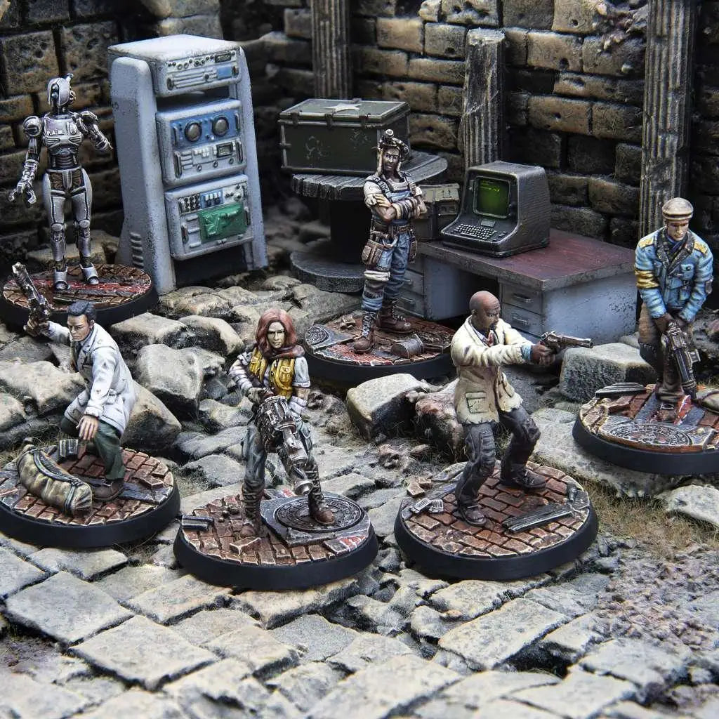 Detaljerade miniatyrfigurer i postapokalyptisk miljö på cirkulära baser