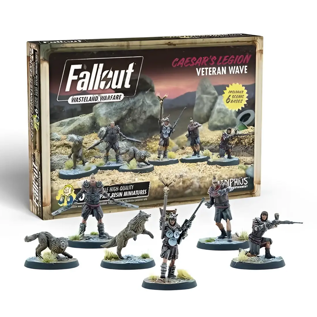 Caesars Legion veteran wave miniatyrer från Fallout Wasteland Warfare med målade figurer och vargar på svarta baser