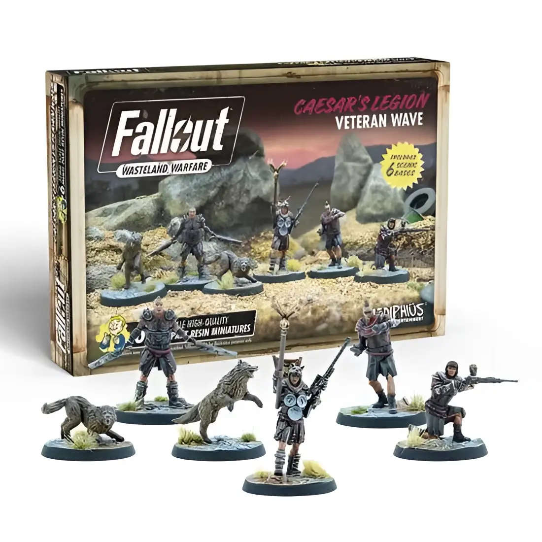 Caesars Legion veteran wave miniatyrer från Fallout Wasteland Warfare med målade figurer och vargar på svarta baser