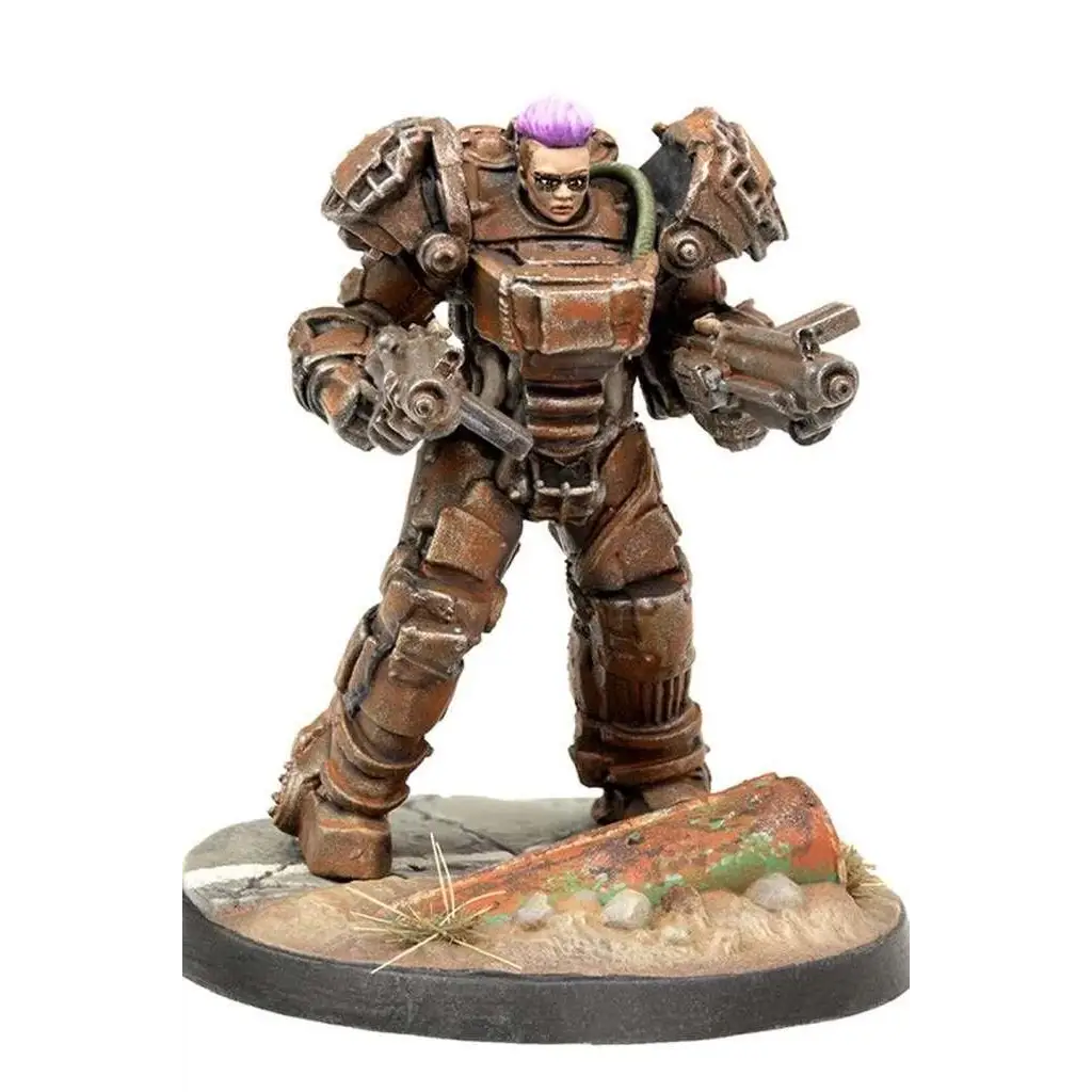 Detaljerad miniatyr av rustpanterad krigare med lila hår och solglasögon ur Fww Raiders Core Set - Fallout: Wasteland Warfare