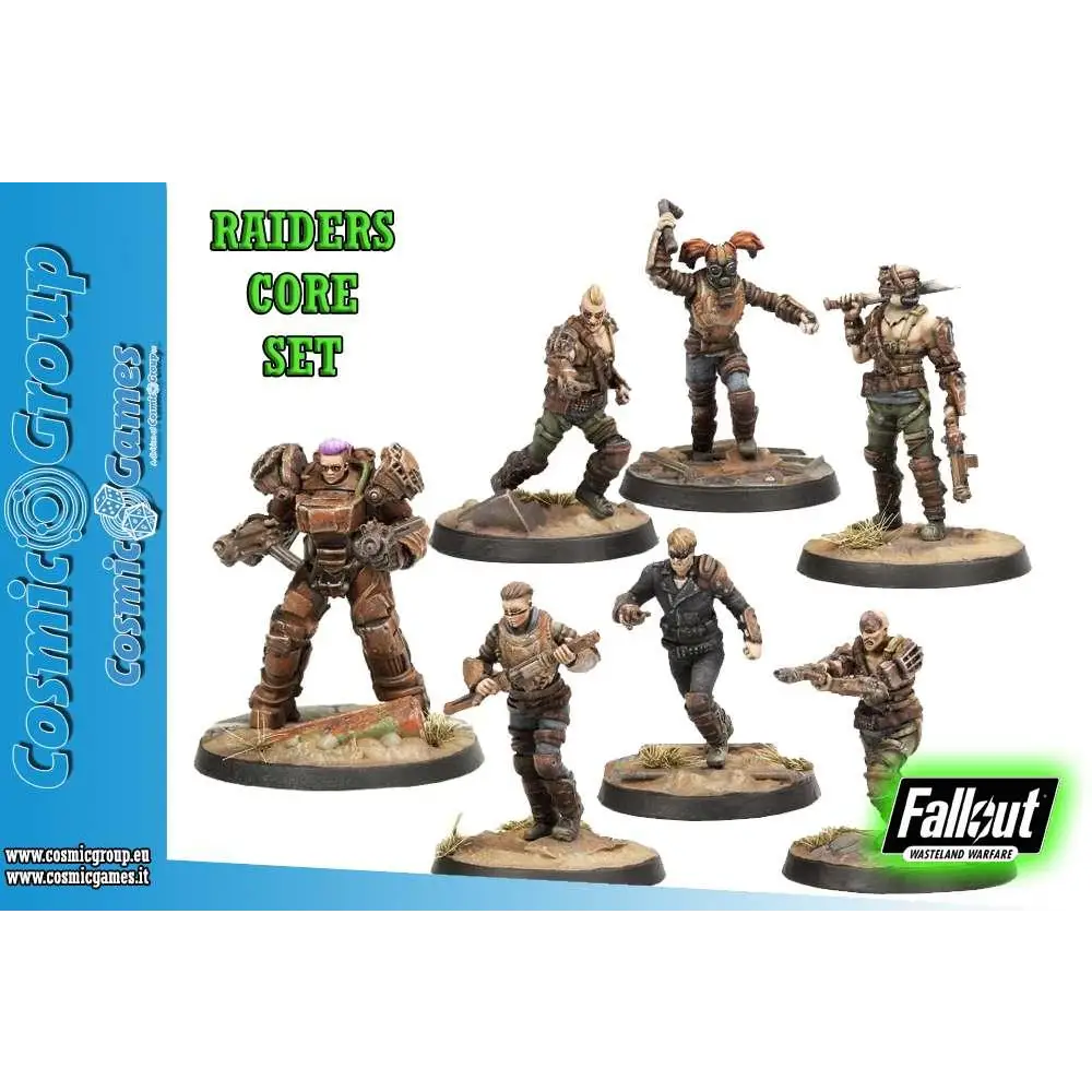 Raiders core set med sju detaljerade miniatyrer i postapokalyptisk utrustning från Fallout: Wasteland Warfare
