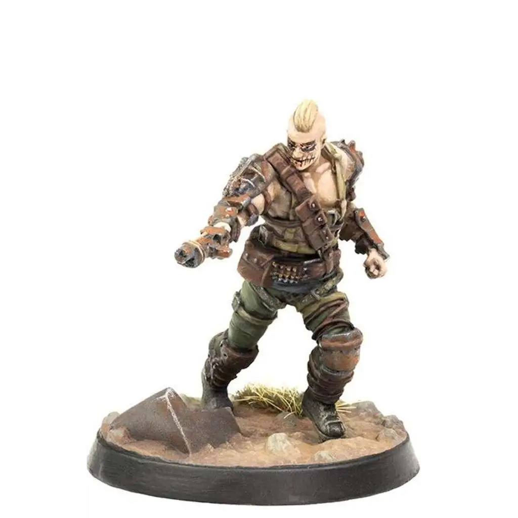 Muskulös skallig miniatyrfigur med dödskalleansikte och blond mohawk i Fallout: Wasteland Warfare