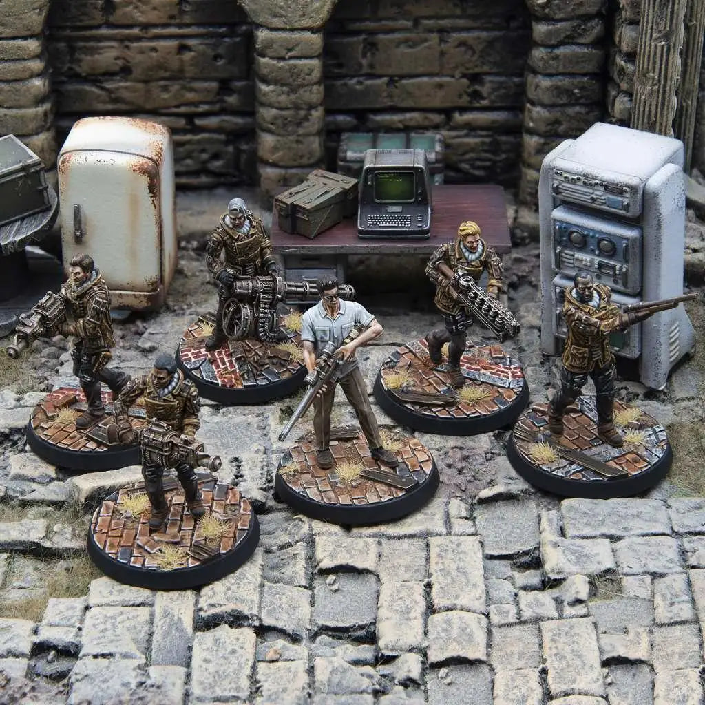 Sex miniatyrfigurer i postapokalyptisk utrustning från Fww Railroad Operatives Box