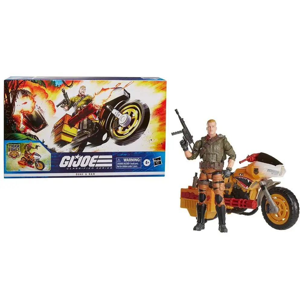 G.I. Joe Classified Series Tiger Force Duke och Ram actionfigur med motorcykel i olivgrön, tan, svart, gul, röd med detaljerad rustning och hajmunsdesign
