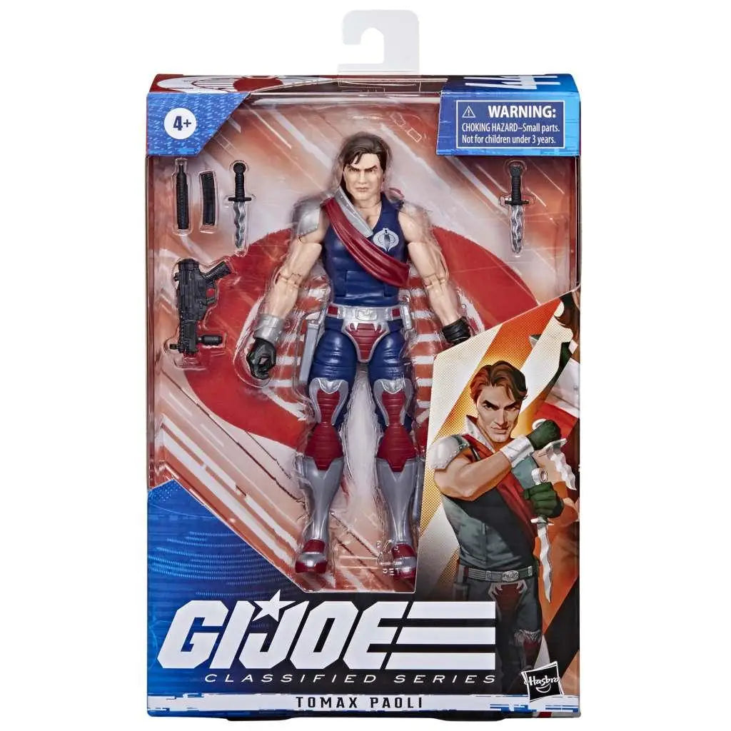 G.I. Joe Classified Series Tomax Paoli actionfigur i blå och röd rustning med tillbehör i plastförpackning