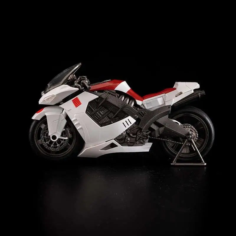 Vit G.I. Joe Storm Shadow Arashikage-cykelmodell i vit och röd die-cast med svarta däck och detaljerad motor
