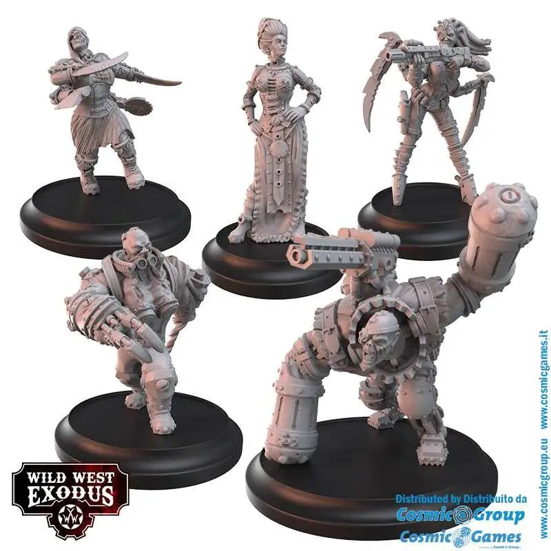 Grå plastminiatyrfigurer från Galvanic Mysteries Posse i Wild West Exodus, på svarta cirkulära baser