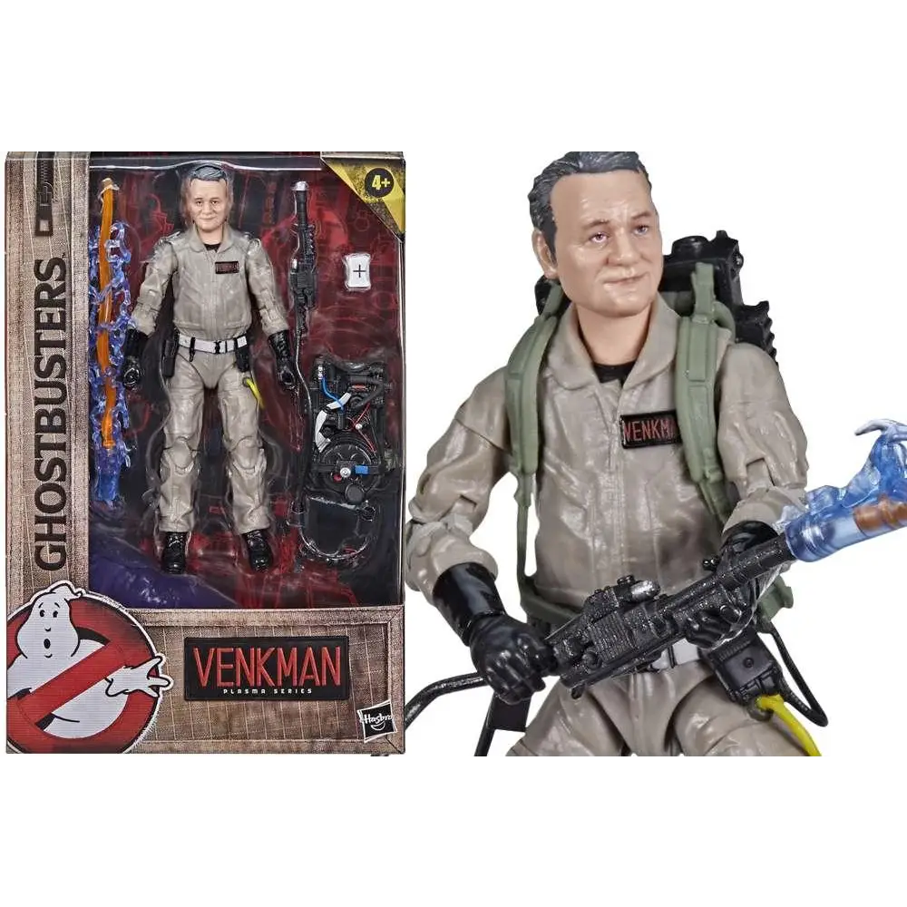Grå plastactionfigur av Peter Venkman från Ghostbusters Afterlife med beige uniform, protonpack och spökfälla