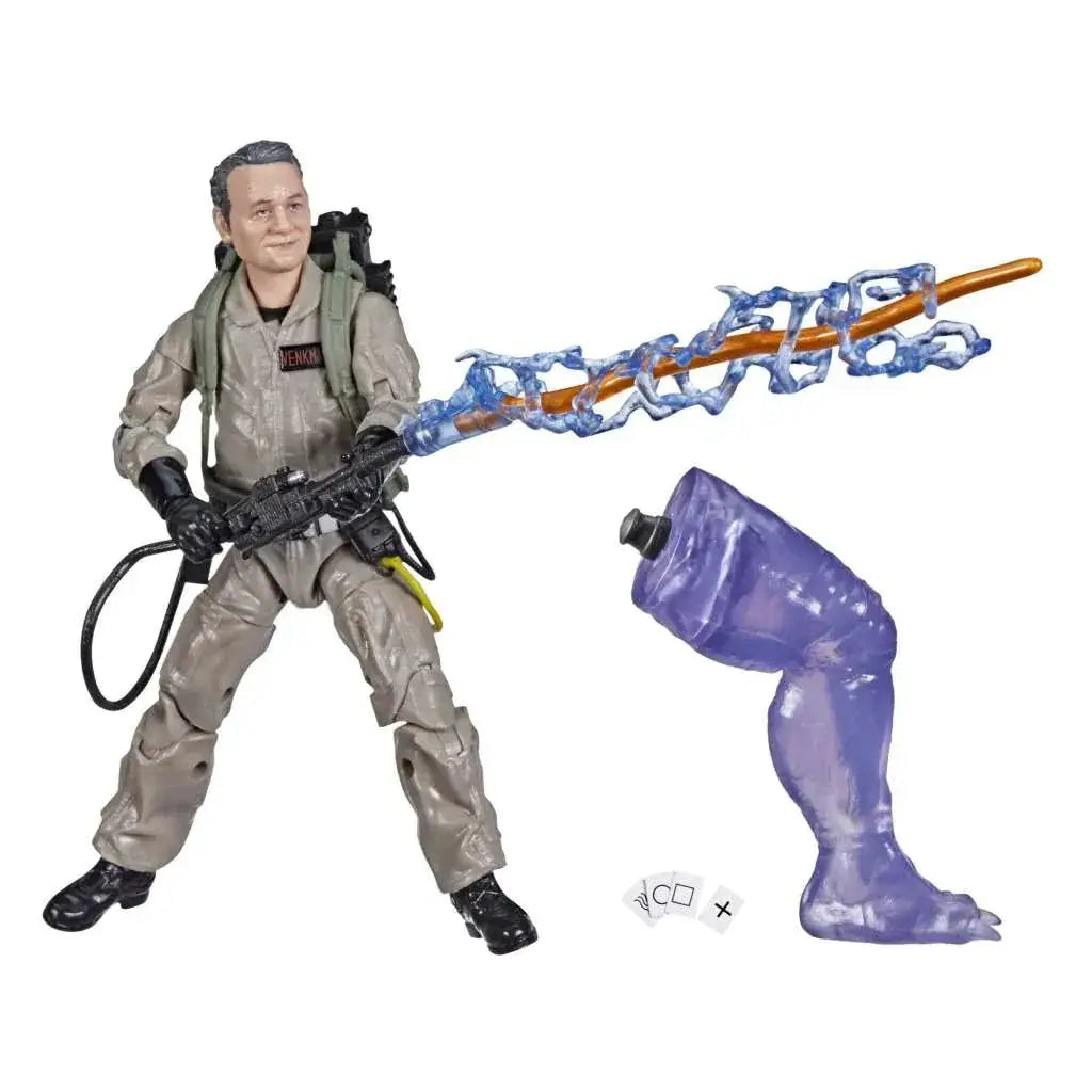 Grå Ghostbusters Afterlife Peter Venkman-actionfigur med protonpack, spökfälla och genomskinlig lila ben-del