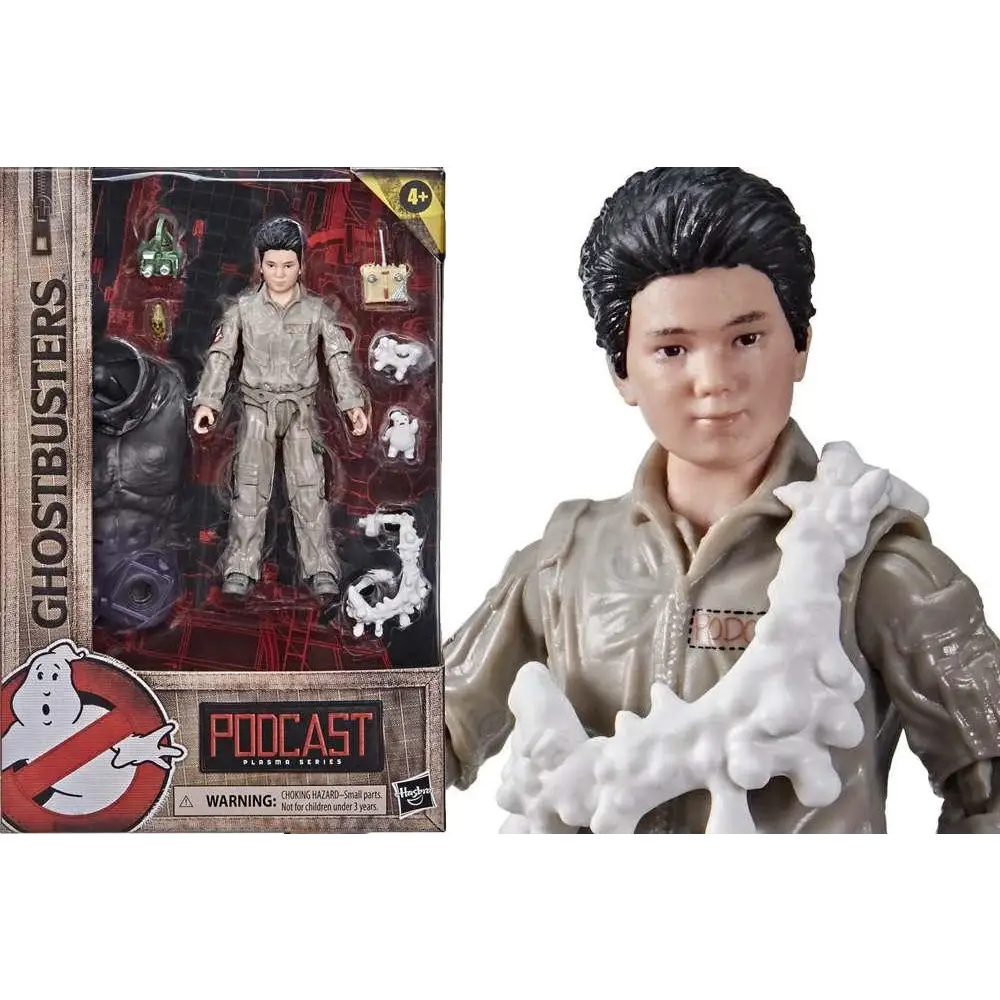 Grå plast Ghostbusters Afterlife Plasma Series-actionfigur med svart hår och vit protonryggsäck