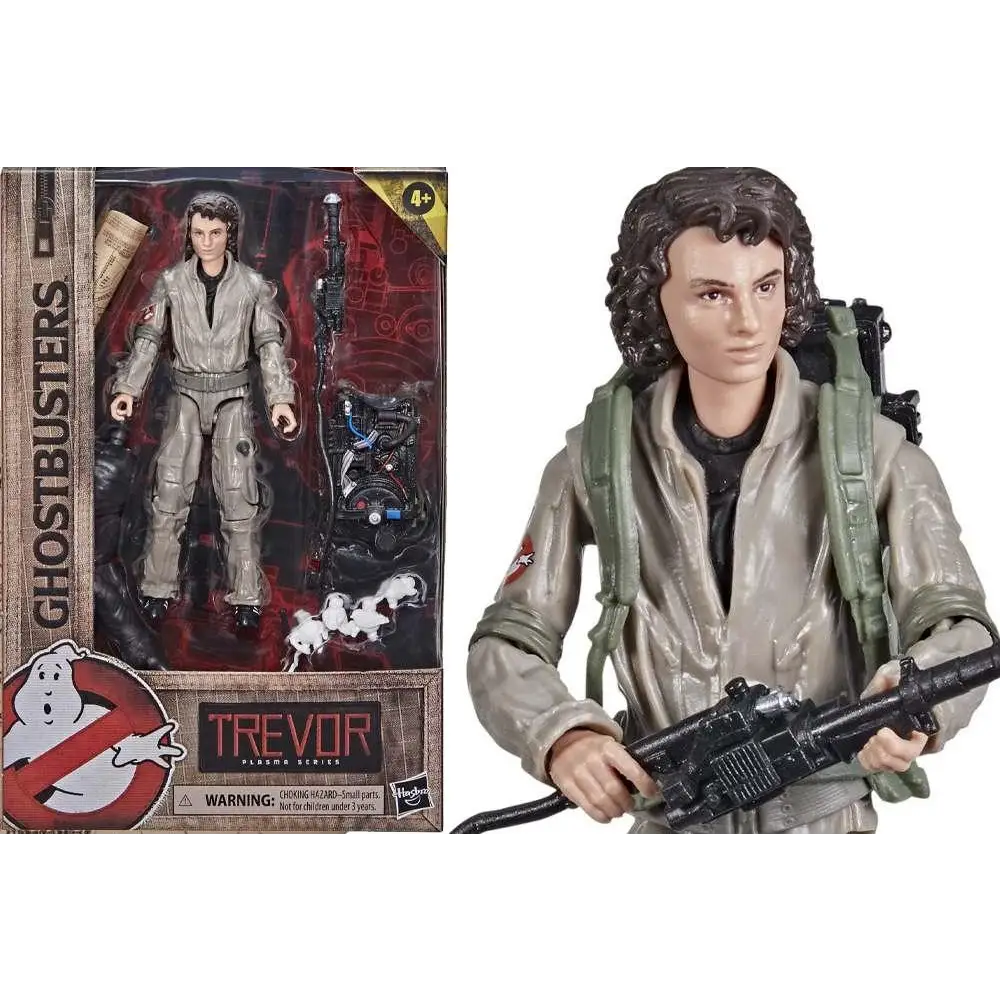 Grå plastactionfigur av Trevor från Ghostbusters Afterlife, med jacka och protonpack