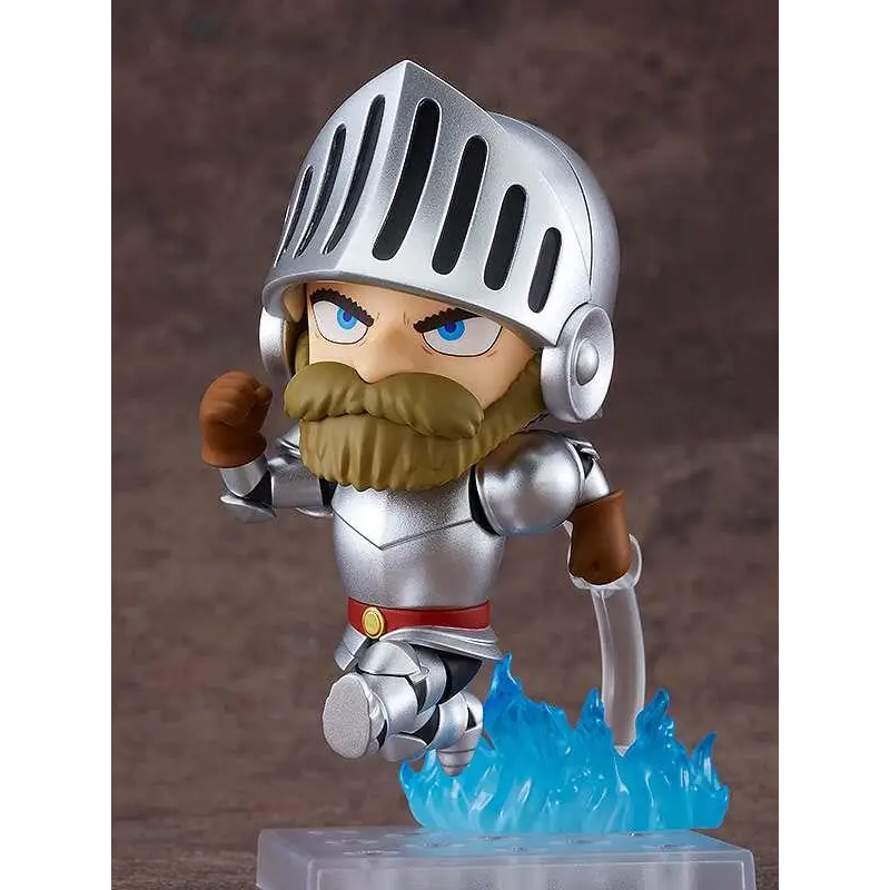 Silver riddarefigur med brun skägg och blå ögon i detaljerad rustning håller svärd över glödande blå lågor, Ghosts n Goblins Arthur Nendoroid