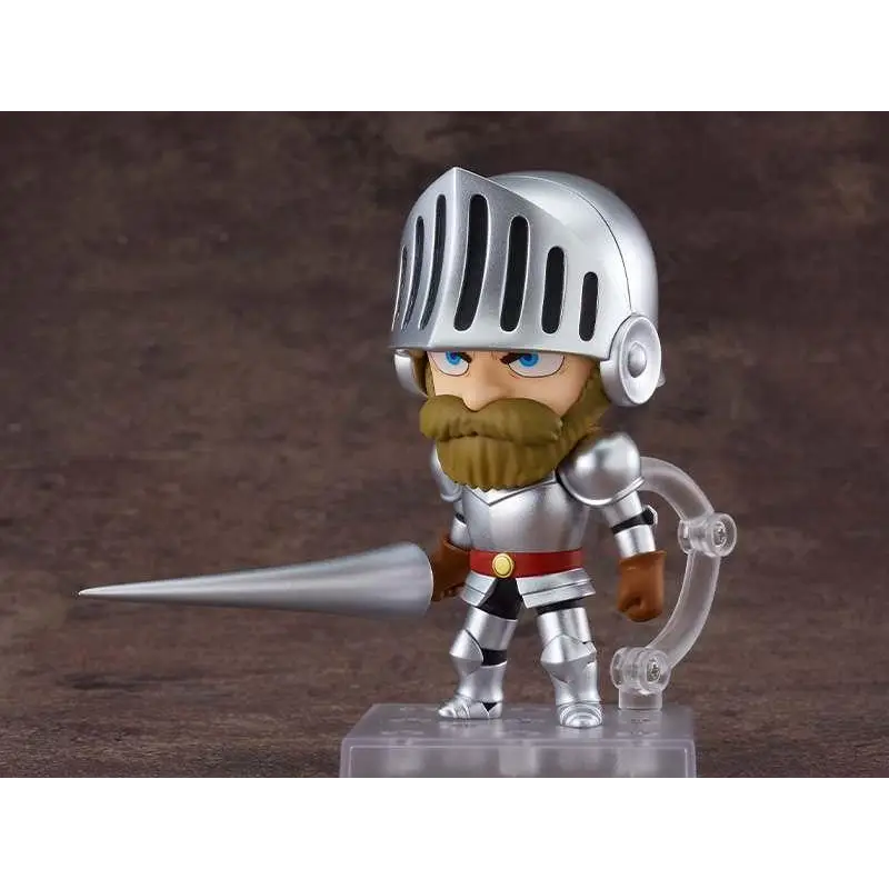 Silverpläterad riddarfigur med brun skägg och blå ögon i detaljerad rustning med spjut, Ghosts ’n Goblins Arthur Nendoroid
