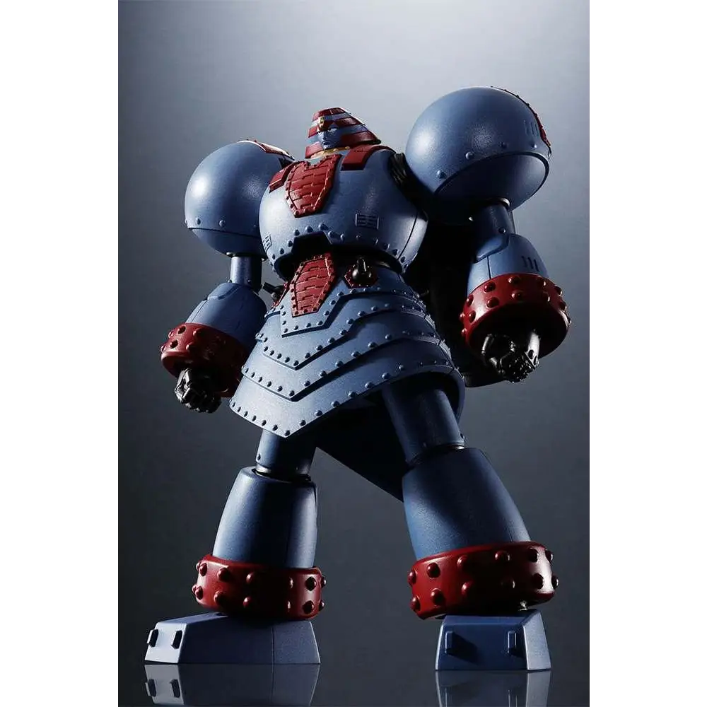 Blå och röd metallrobotfigur med nitarad rustning från Giant Robo Animation Ver - Super Robot Chogokin