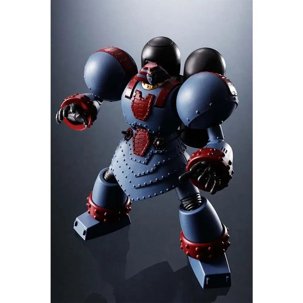 Blå och röd rustad robotfigur med svarta sfäriska huvuddelar, detaljerad metallplätering och ledade lemmar i Giant Robo Animation Ver - Super Robot Chogokin